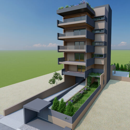 New five-storey building in pilotis, with planted roof and basement